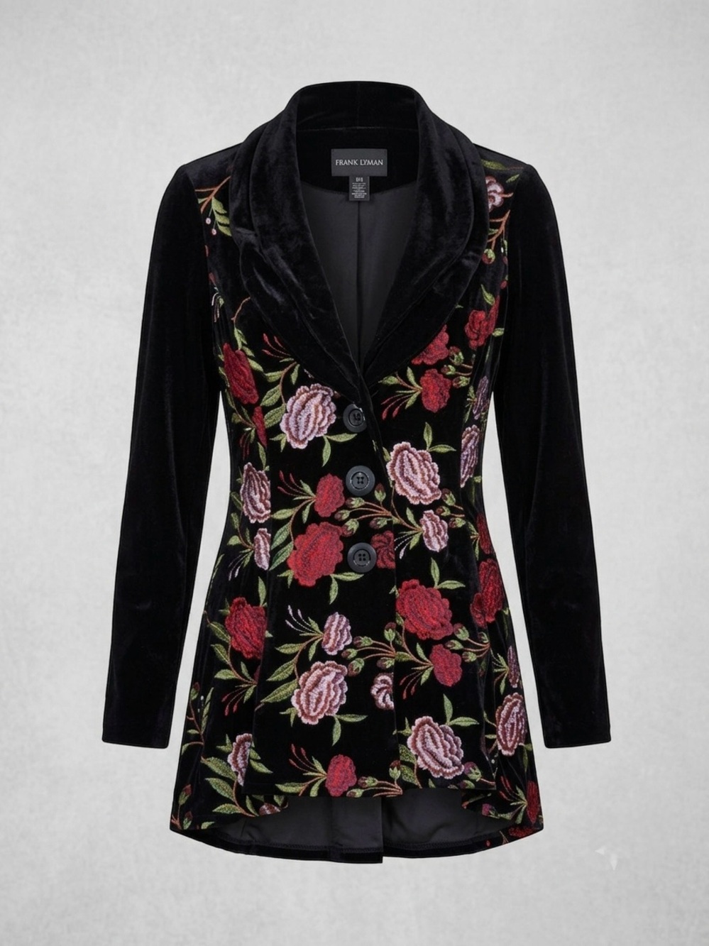 Frank Lyman Black Velvet Button Front Embroidered Jacket W/Double Collar Size 8